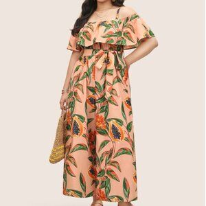 Citrus Fruit Print Belted Ruffle Trim Jumpsuit